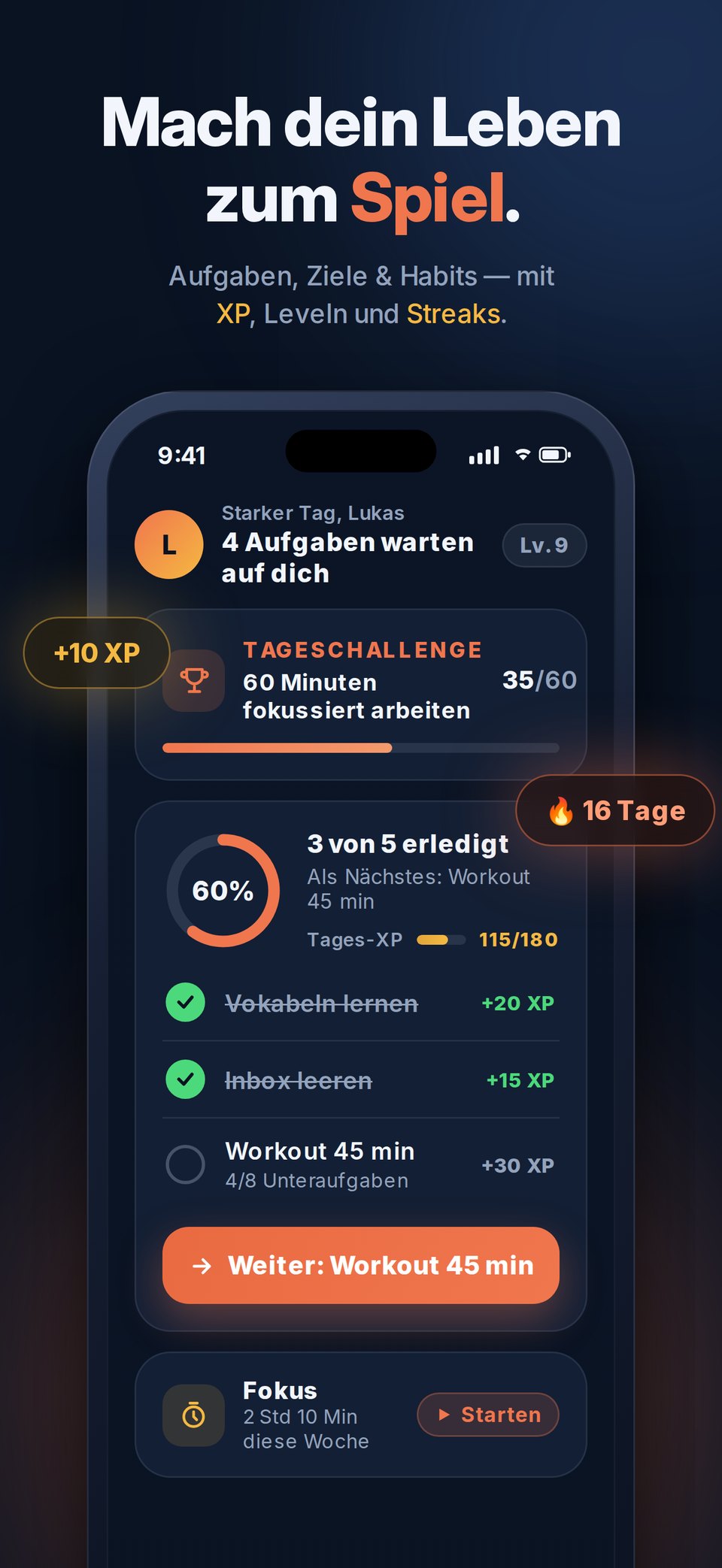 Dashboard mit Tagesaufgaben, Tageschallenge und XP – mach dein Leben zum Spiel