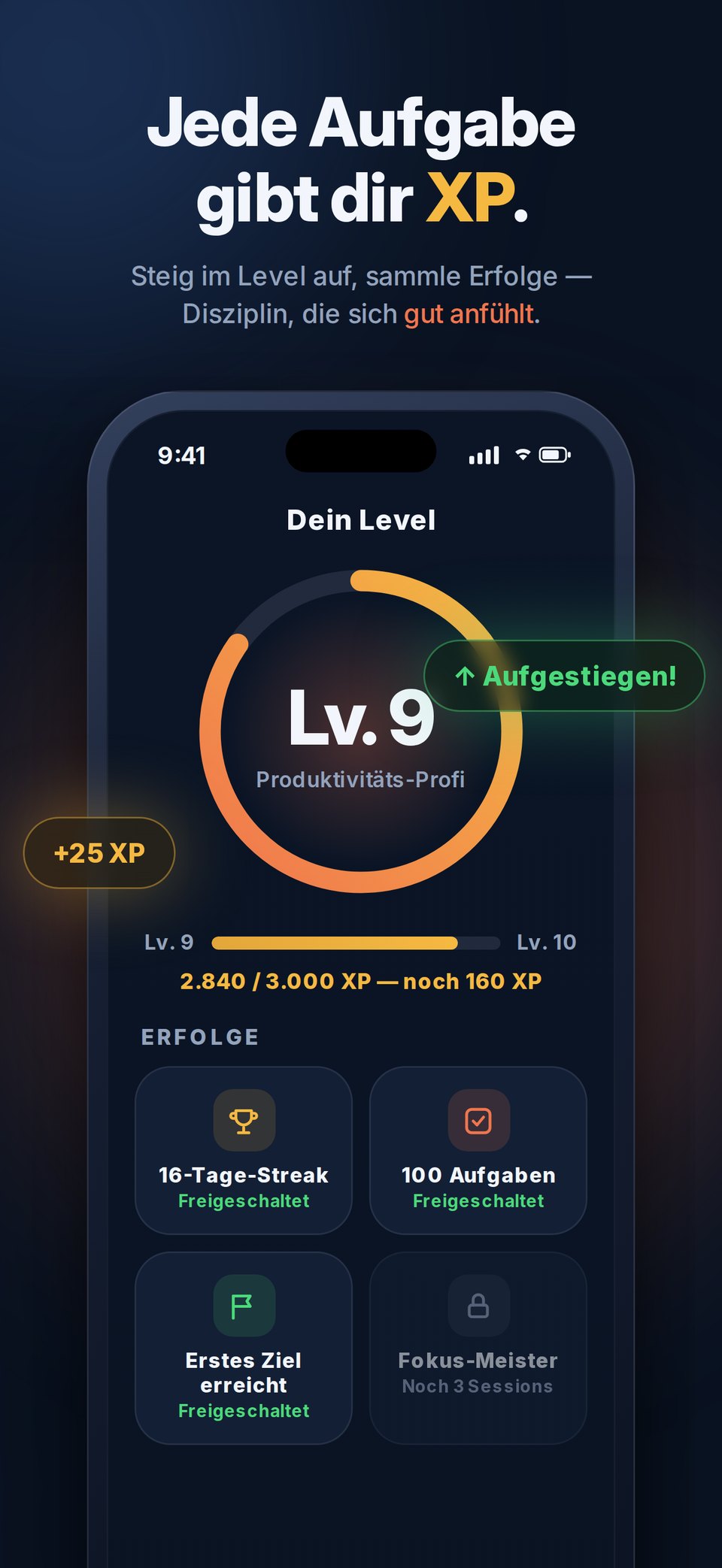 Level-Ansicht: Level 9 mit XP-Fortschritt und freigeschalteten Erfolgen