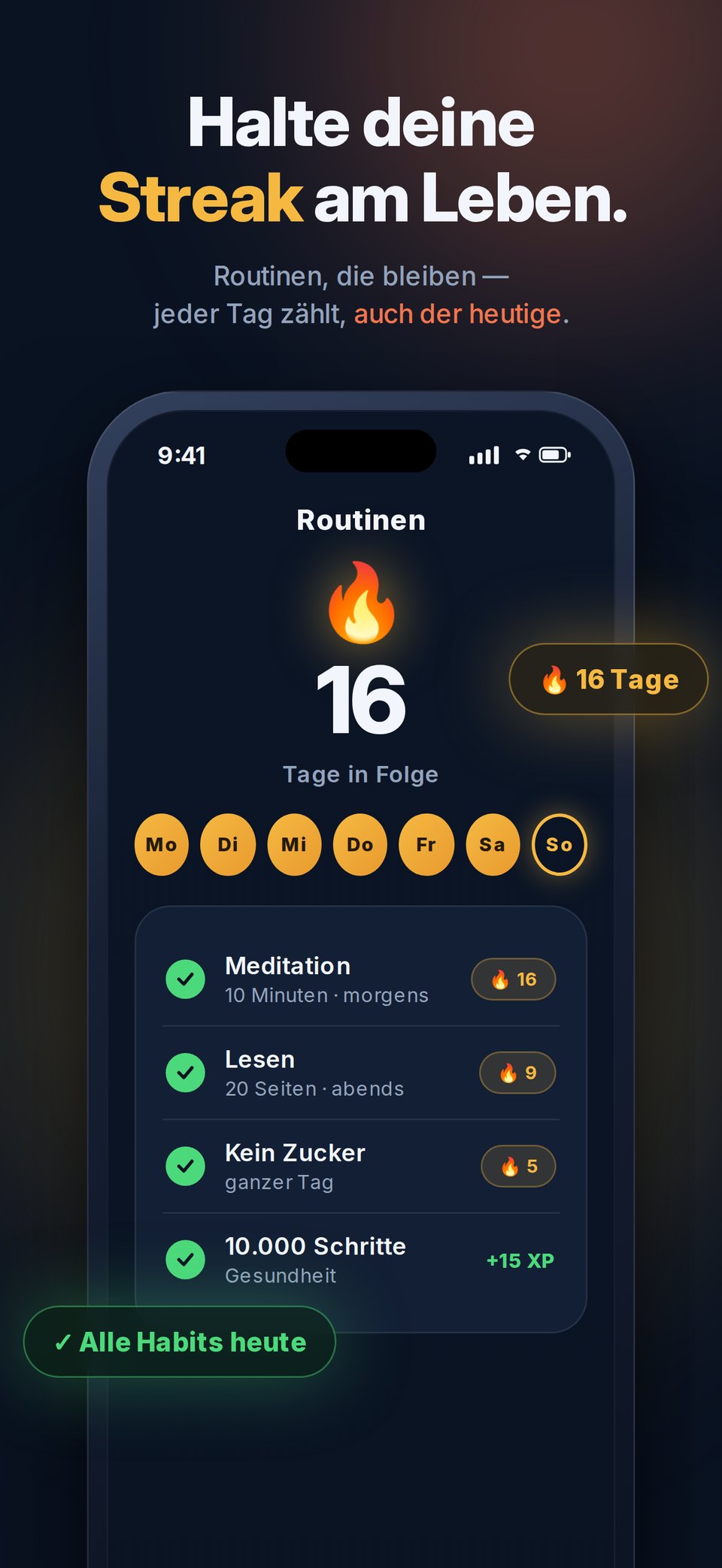 Routinen-Ansicht mit 16-Tage-Streak und täglichen Habits