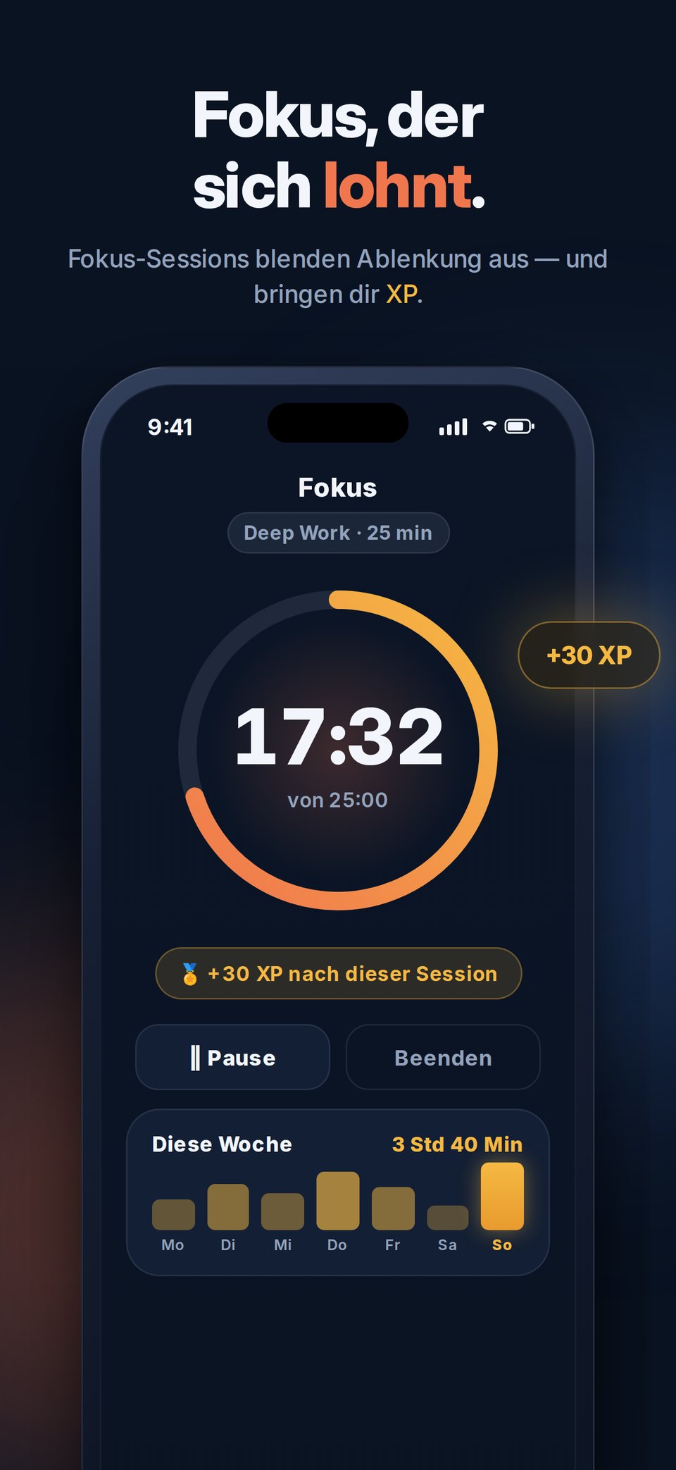 Fokus-Timer: Deep-Work-Session mit XP-Belohnung und Wochenstatistik